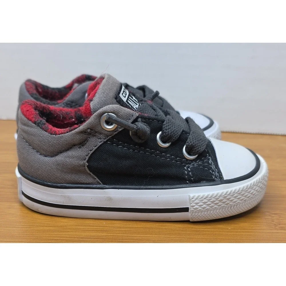 Converse All Star Low Top Toddler Shoes Black Gray Red Check Lining Size 4